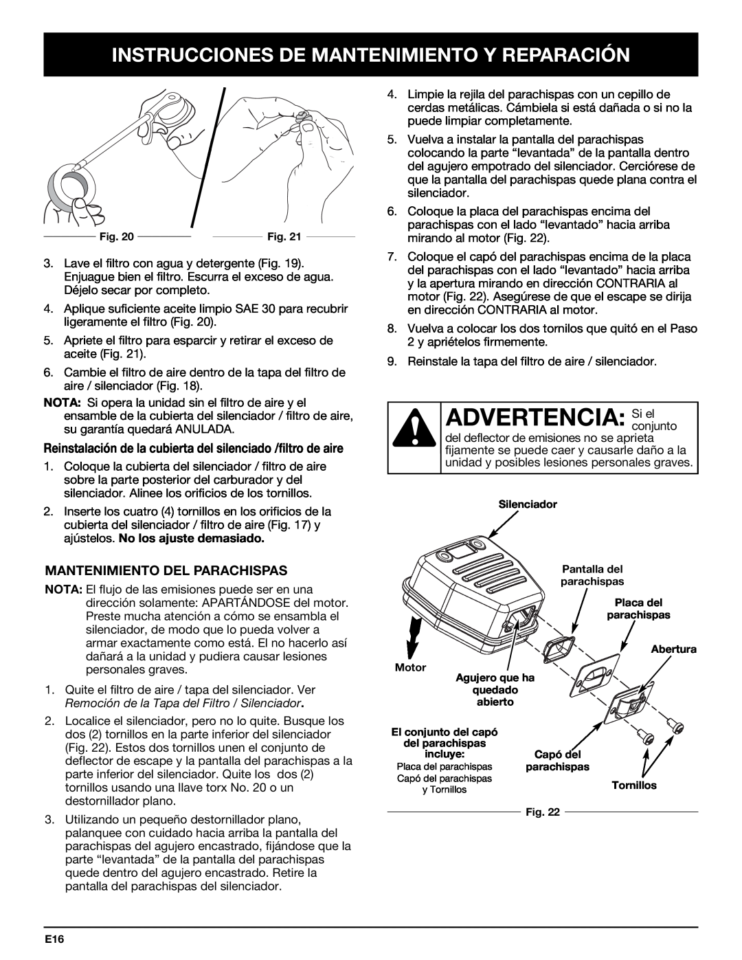 Bolens YM320BV manual ADVERTENCIA:Siconjuntoel, Mantenimiento Del Parachispas, Instrucciones De Mantenimiento Y Reparación 