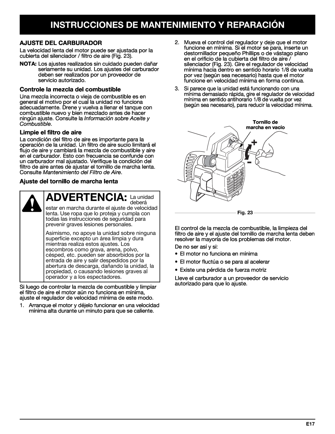 Bolens YM320BV manual ADVERTENCIA:Ladeberáunidad, Ajuste Del Carburador, Controle la mezcla del combustible 