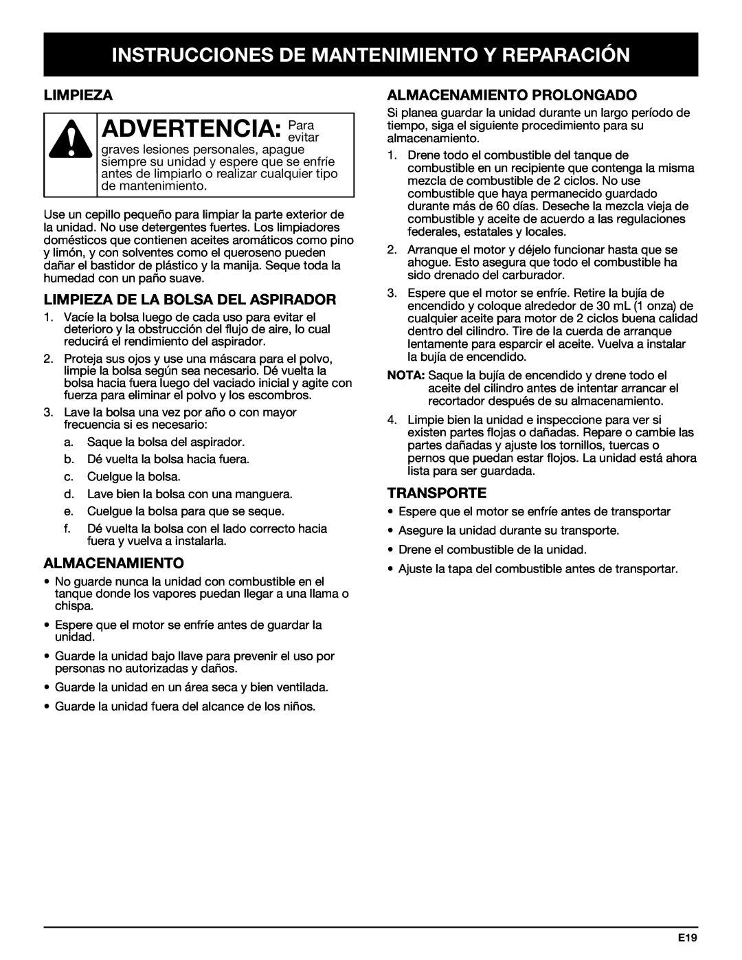 Bolens YM320BV manual ADVERTENCIA:Paraevitar, Limpieza De La Bolsa Del Aspirador, Almacenamiento Prolongado, Transporte 