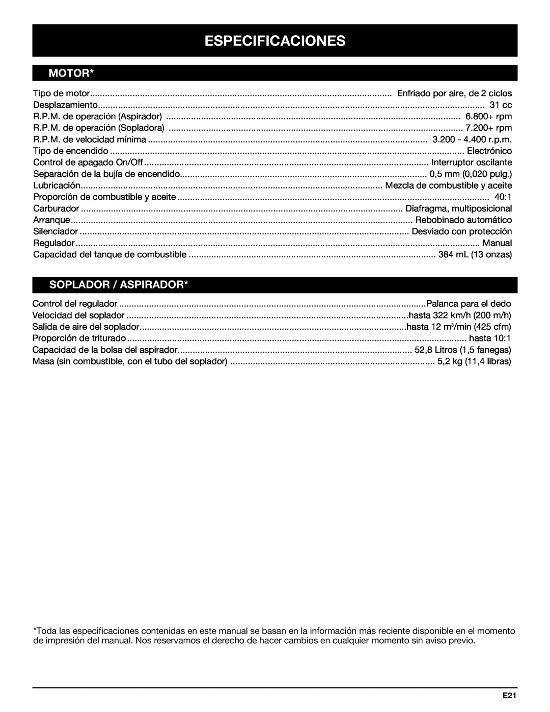 Bolens YM320BV manual Especificaciones, Motor, Soplador / Aspirador 