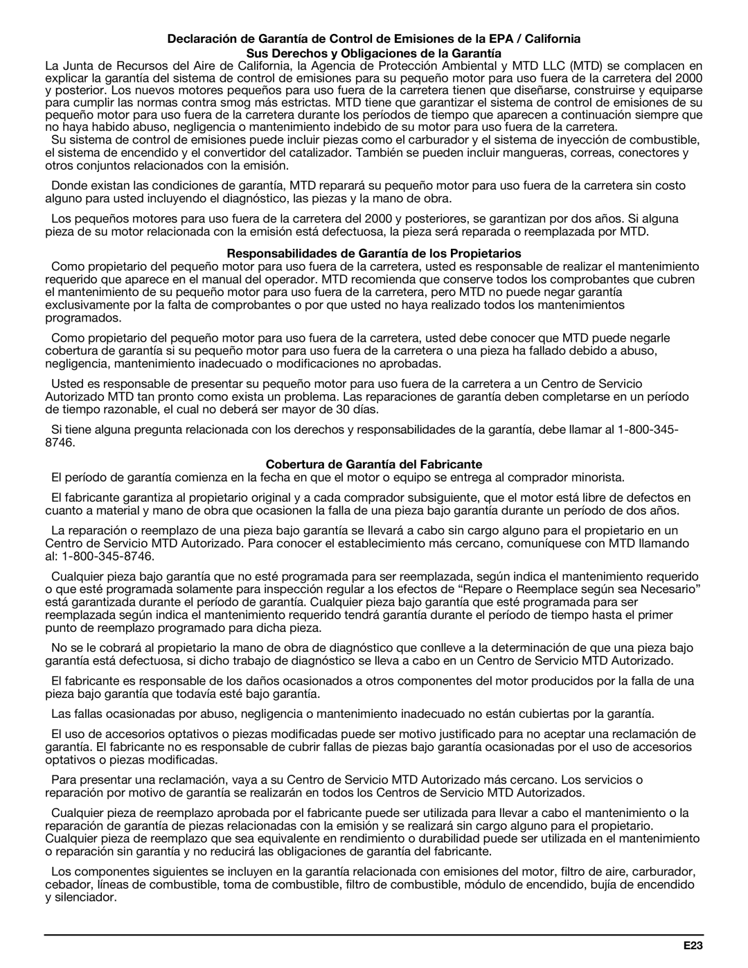 Bolens YM320BV manual Sus Derechos y Obligaciones de la Garantía, Responsabilidades de Garantía de los Propietarios 