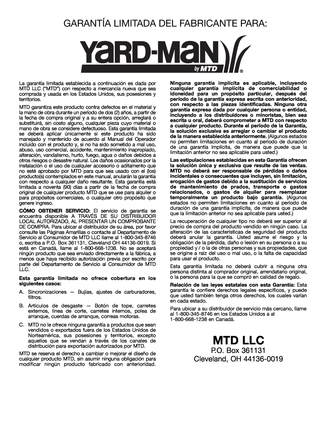 Bolens YM320BV manual Garantía Limitada Del Fabricante Para, Mtd Llc, P.O. Box Cleveland, OH 
