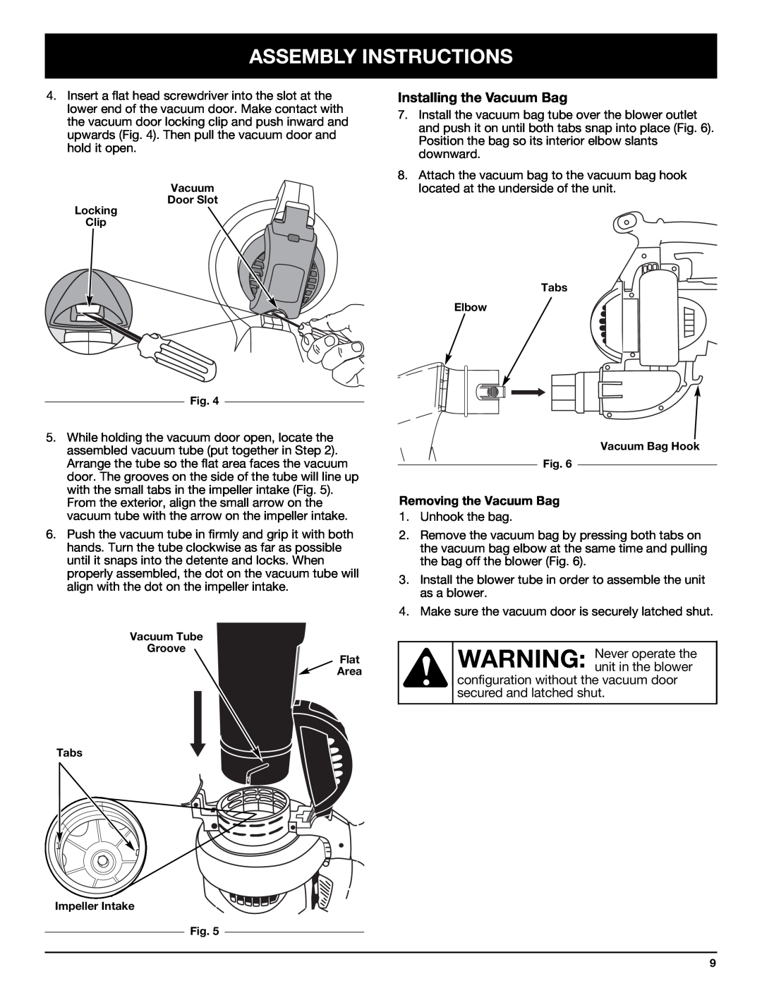 Bolens YM320BV manual Installing the Vacuum Bag, Removing the Vacuum Bag, Assembly Instructions 