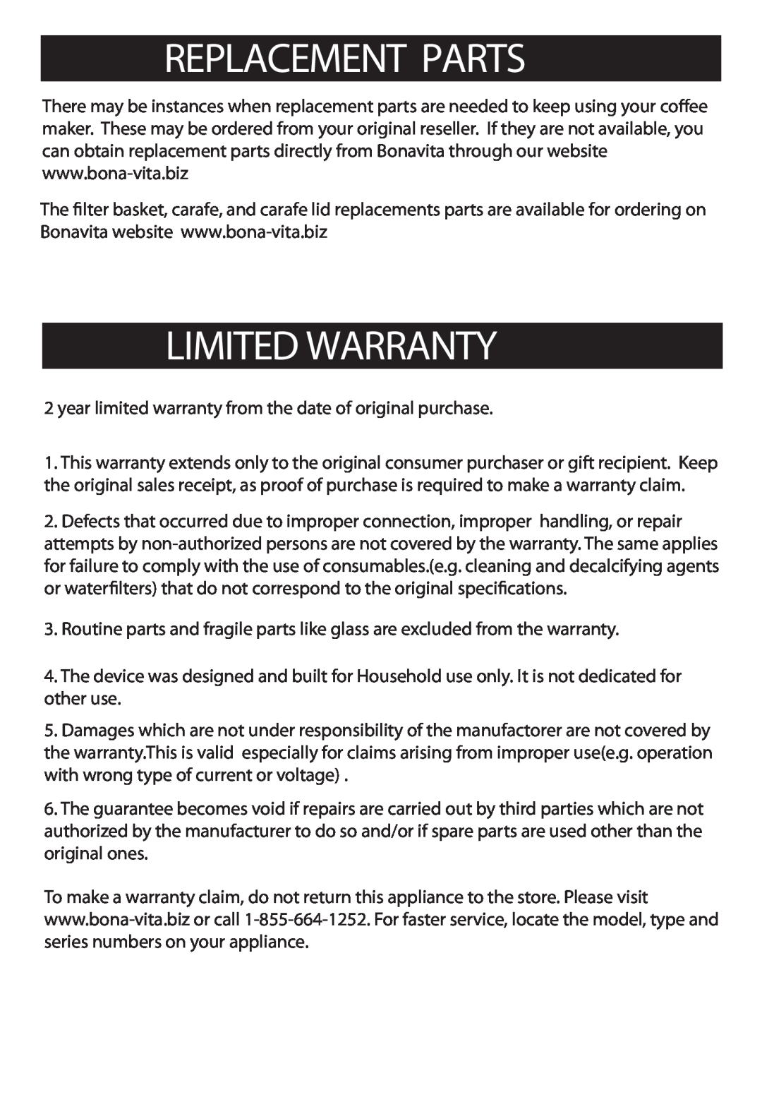 Bonavita BV1800 warranty Replacement Parts, Limited Warranty 