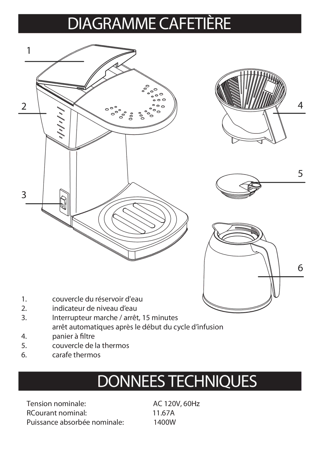 Bonavita BV1800TH warranty Diagramme Cafetière, Donnees Techniques 