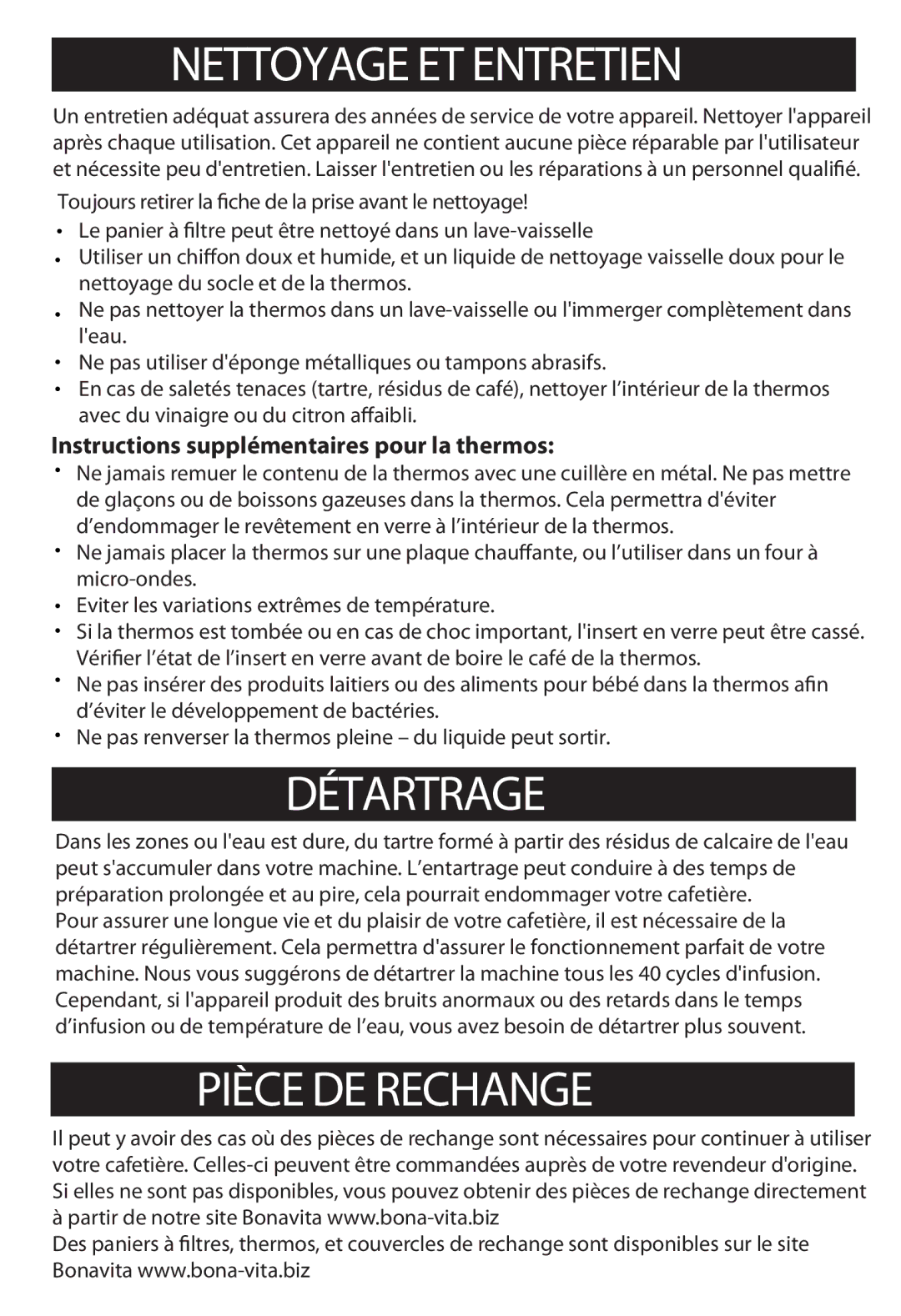 Bonavita BV1800TH Nettoyage ET Entretien, Détartrage, Pièce DE Rechange, Instructions supplémentaires pour la thermos 