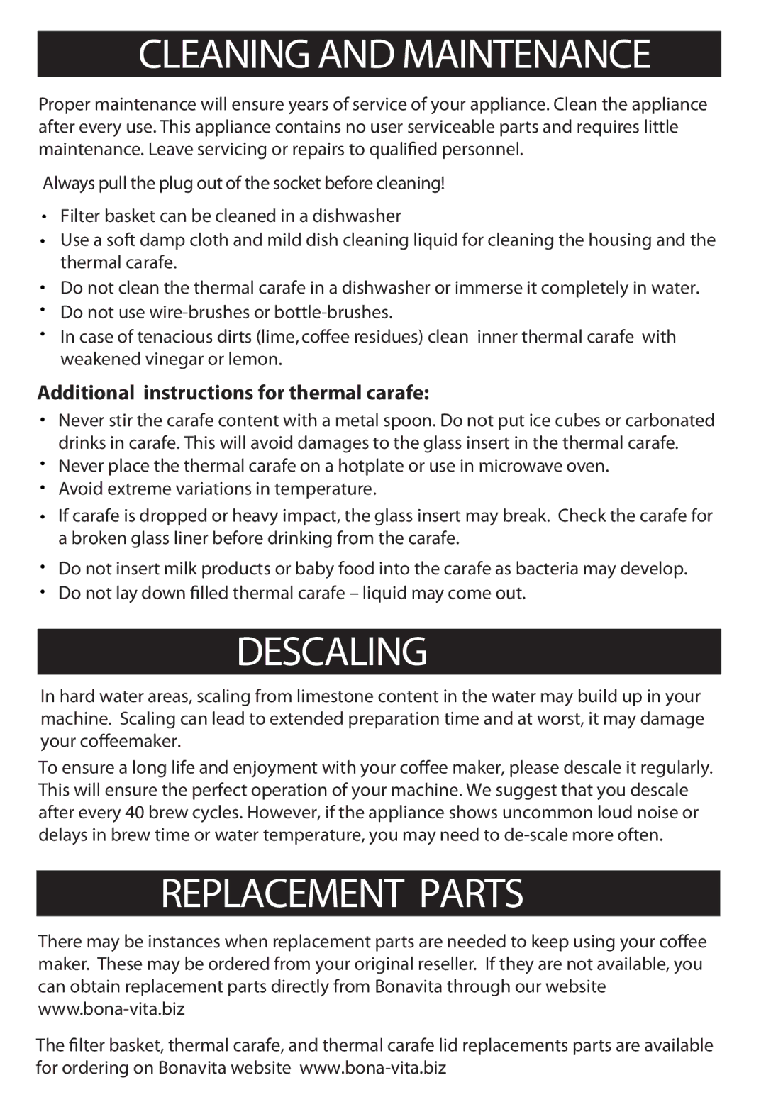 Bonavita BV1800TH warranty Descaling, Replacement Parts, Additional instructions for thermal carafe 