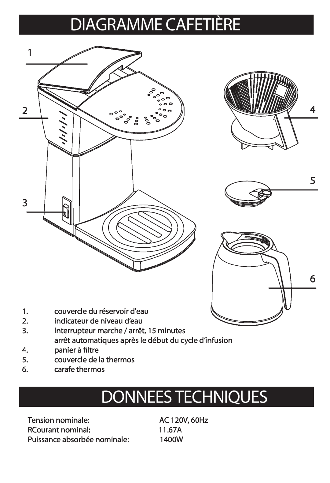 Bonavita BV1800TH warranty Diagramme Cafetière, Donnees Techniques 