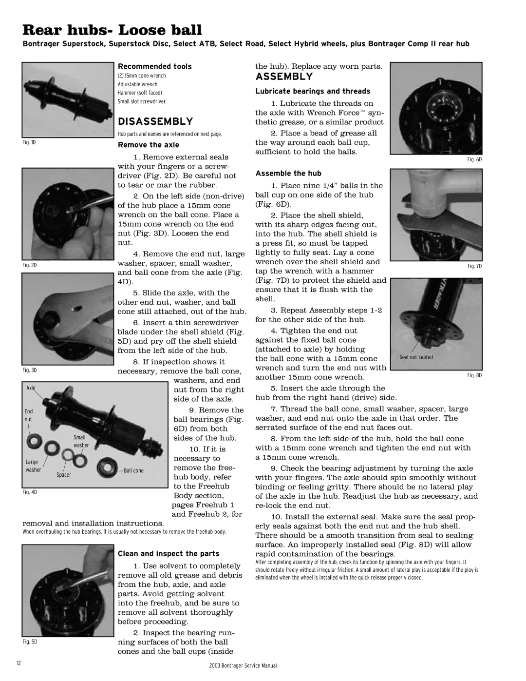 Bontrager 231793 service manual Rear hubs- Loose ball, Assemble the hub 