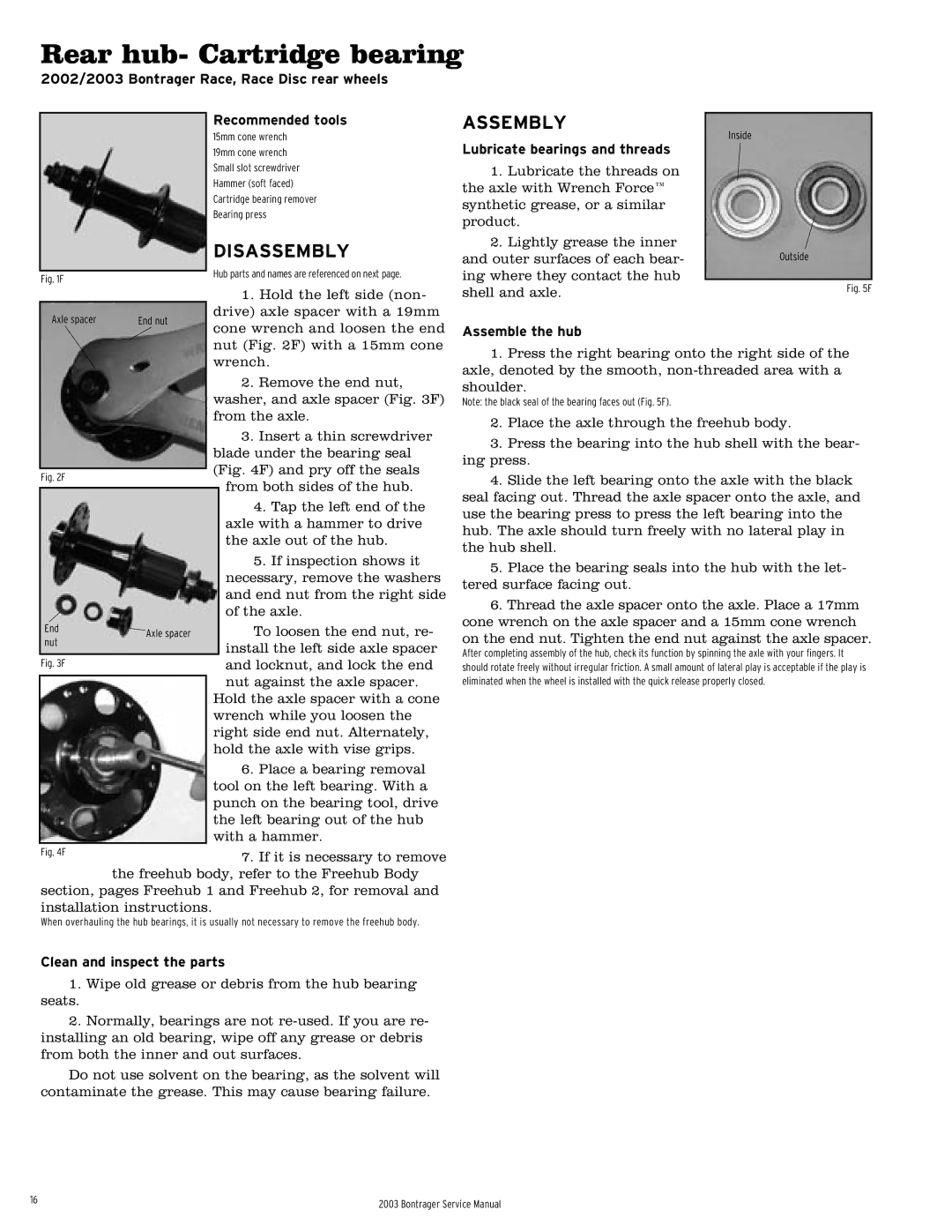 Bontrager 231793 service manual Rear hub- Cartridge bearing, 2002/2003 Bontrager Race, Race Disc rear wheels 