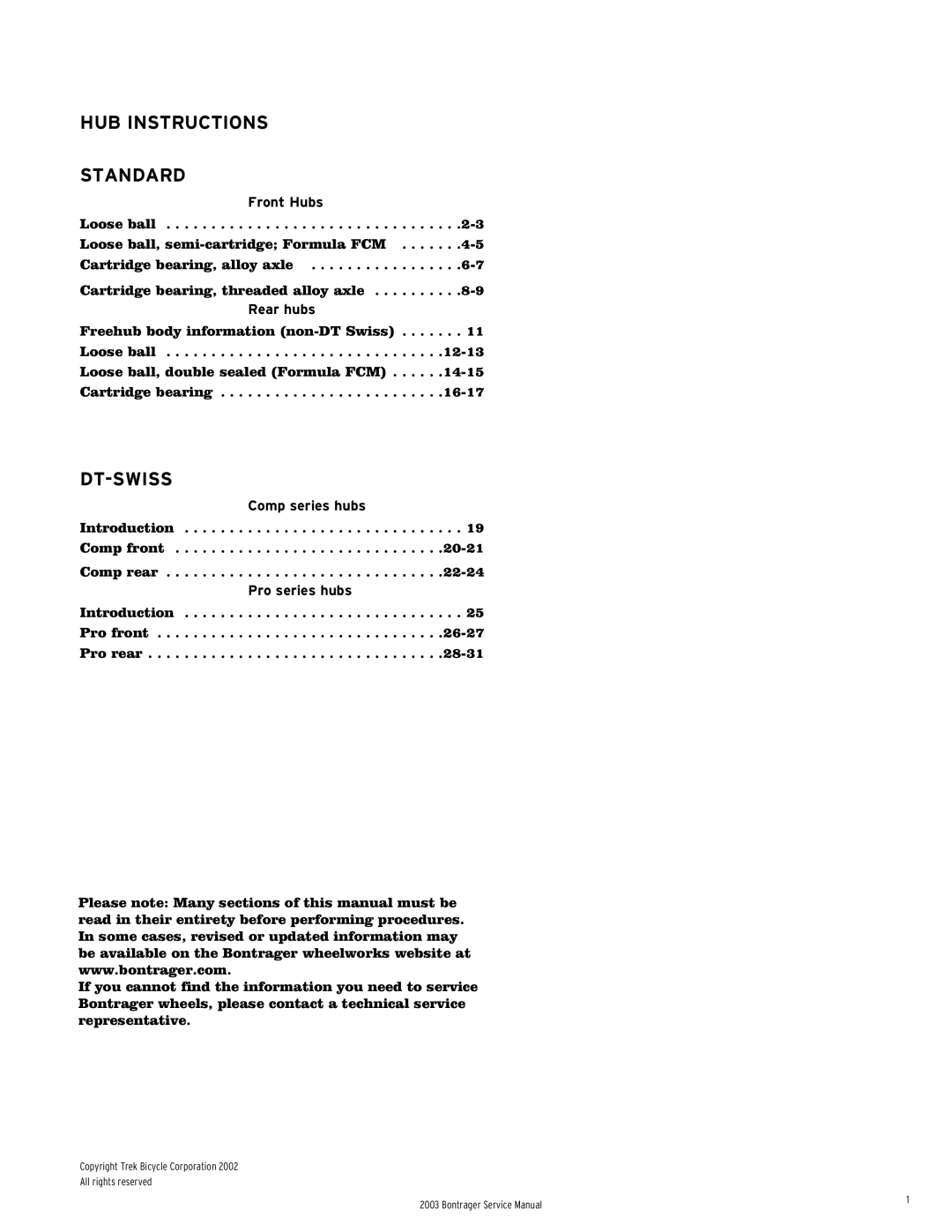 Bontrager 231793 service manual HUB Instructions Standard 