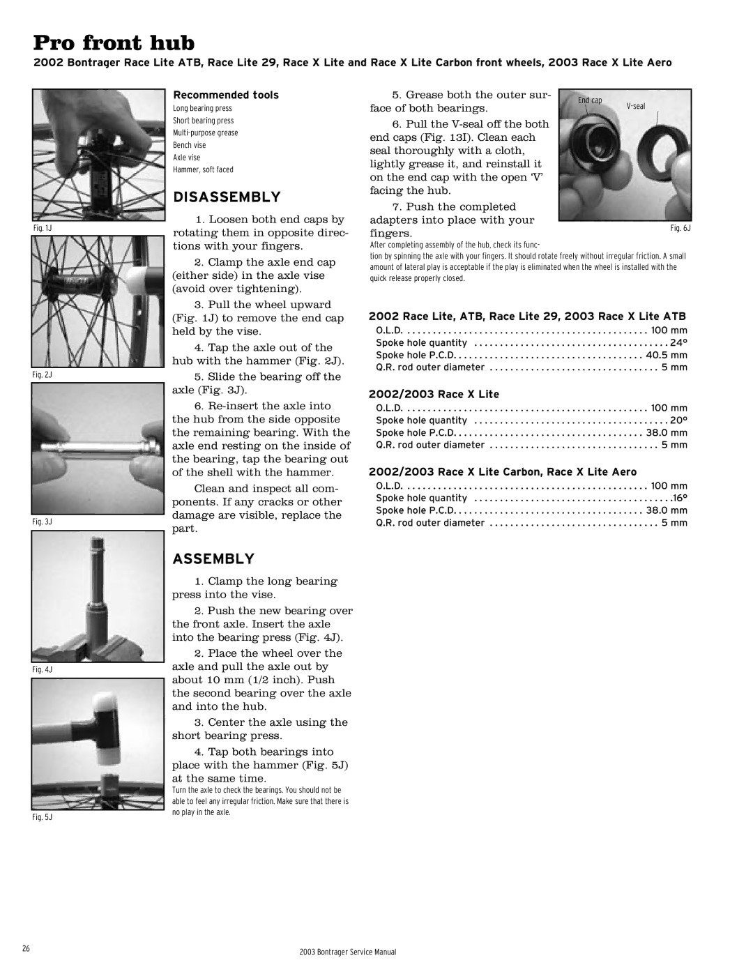 Bontrager 231793 service manual Pro front hub, Race Lite, ATB, Race Lite 29, 2003 Race X Lite ATB, 2002/2003 Race X Lite 