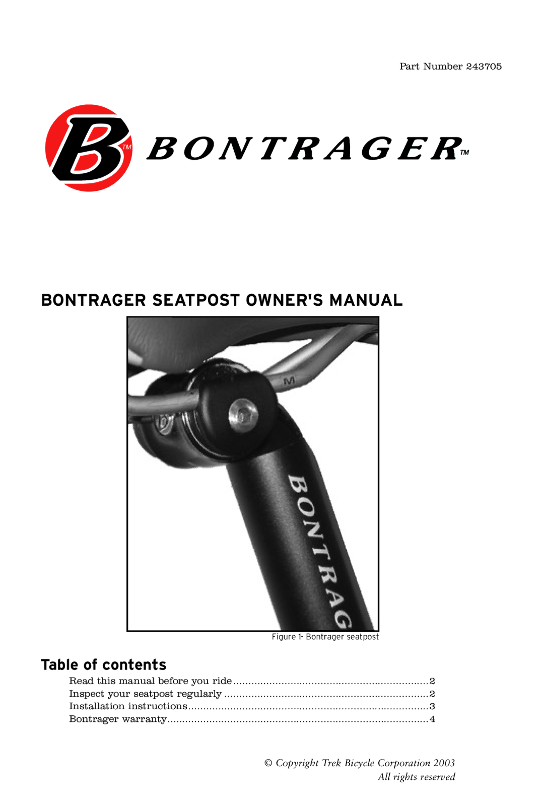 Bontrager 243705 owner manual Table of contents 