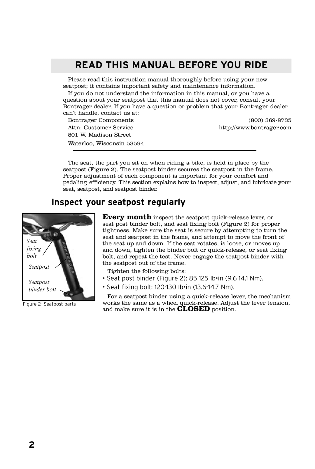 Bontrager 243705 owner manual Read this Manual Before YOU Ride, Inspect your seatpost regularly 