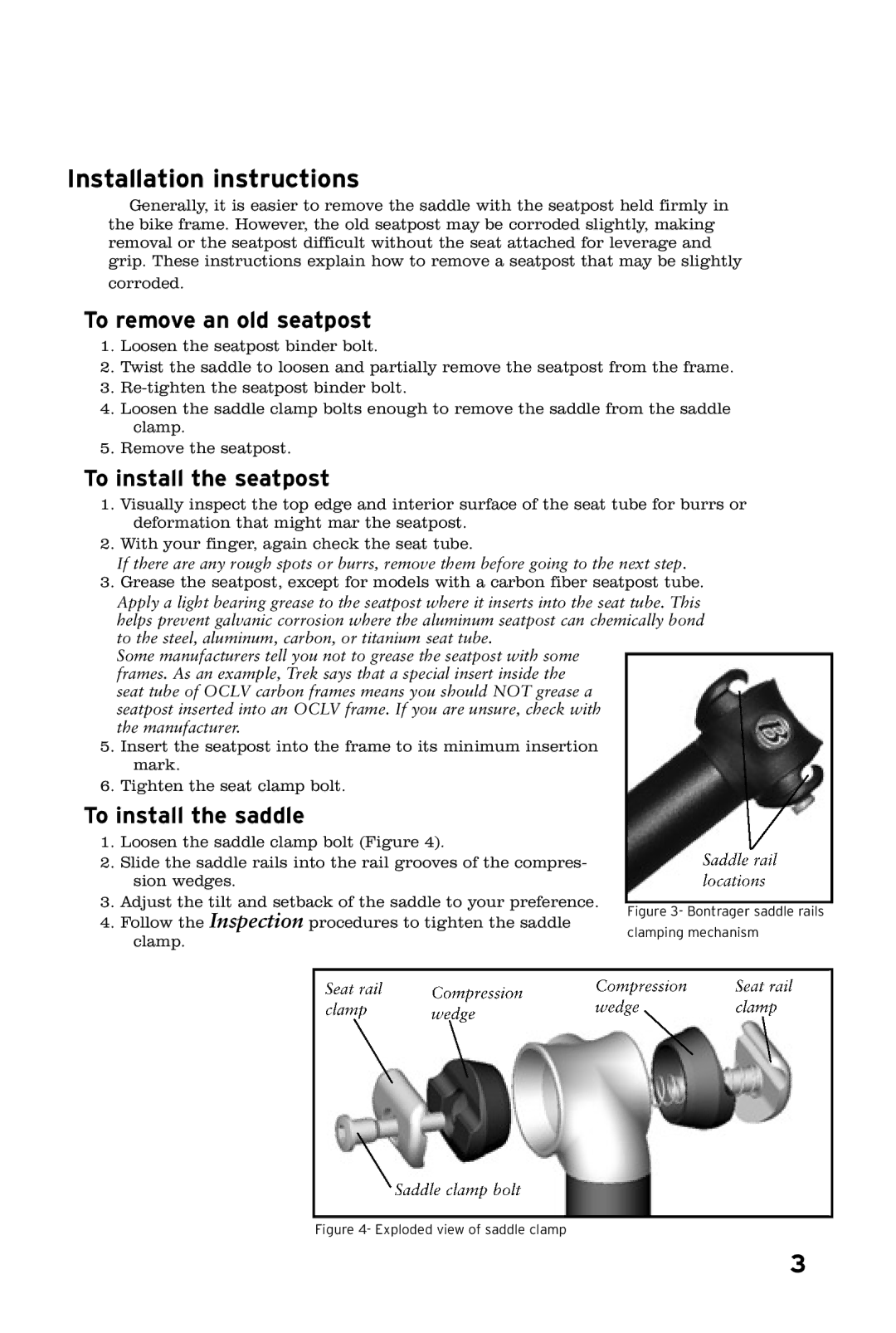 Bontrager 243705 Installation instructions, To remove an old seatpost, To install the seatpost, To install the saddle 