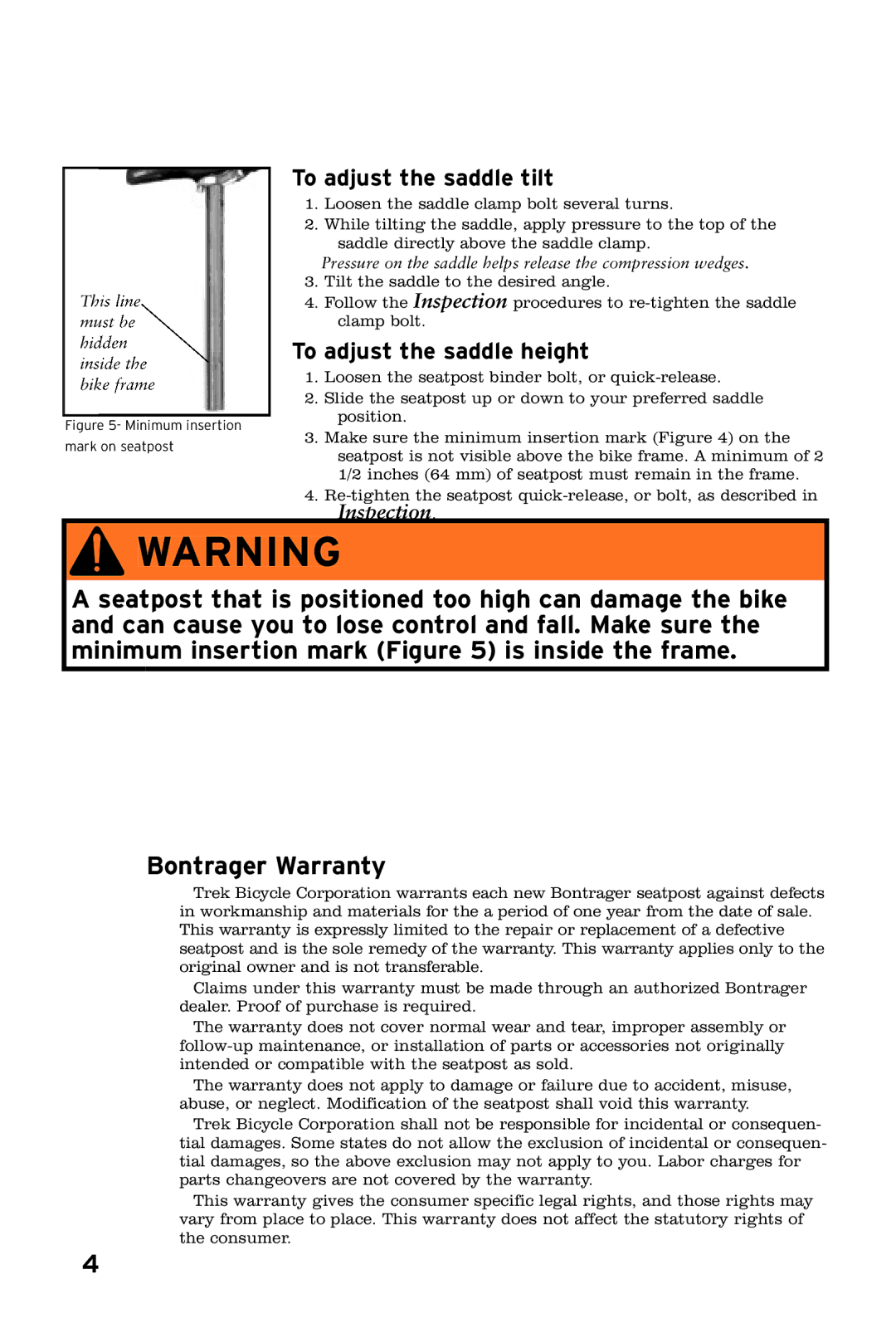 Bontrager 243705 owner manual To adjust the saddle tilt, To adjust the saddle height 