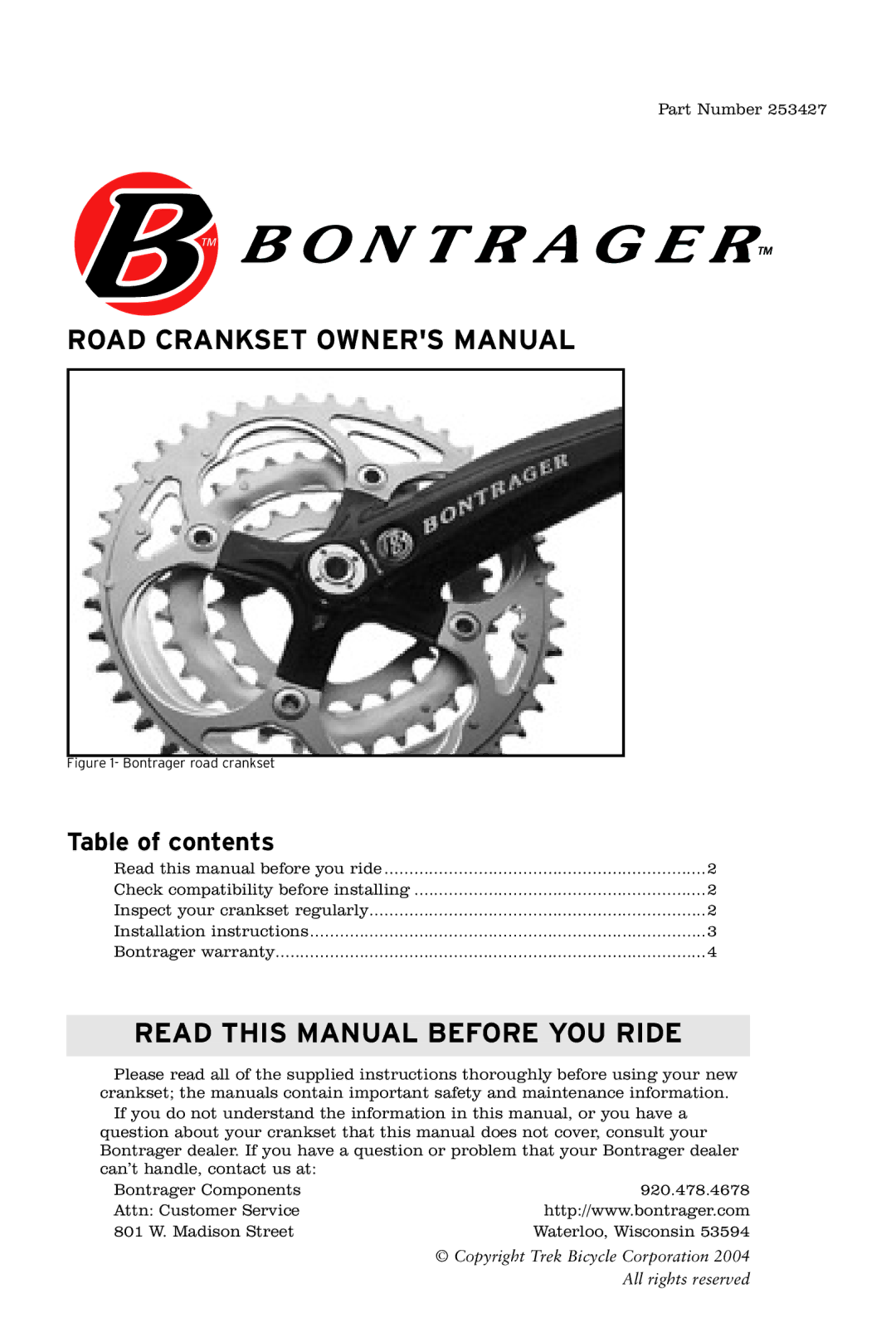 Bontrager 253427 owner manual Read this Manual Before YOU Ride, Table of contents 