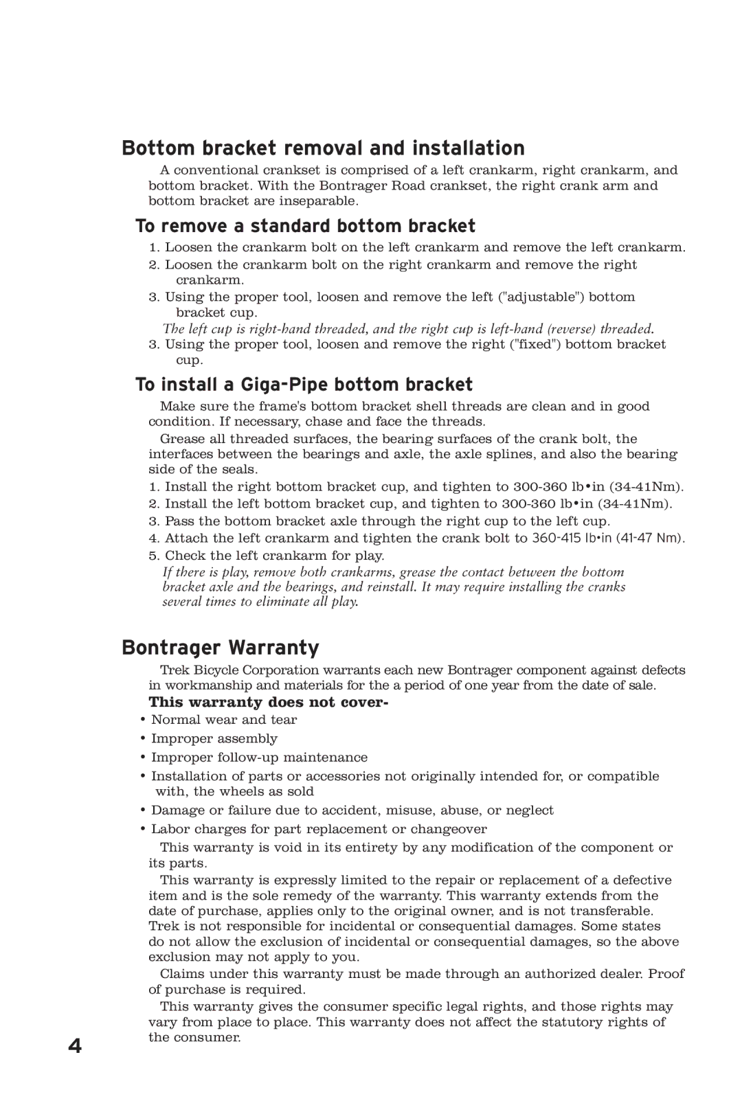 Bontrager 253427 Bottom bracket removal and installation, Bontrager Warranty, To remove a standard bottom bracket 