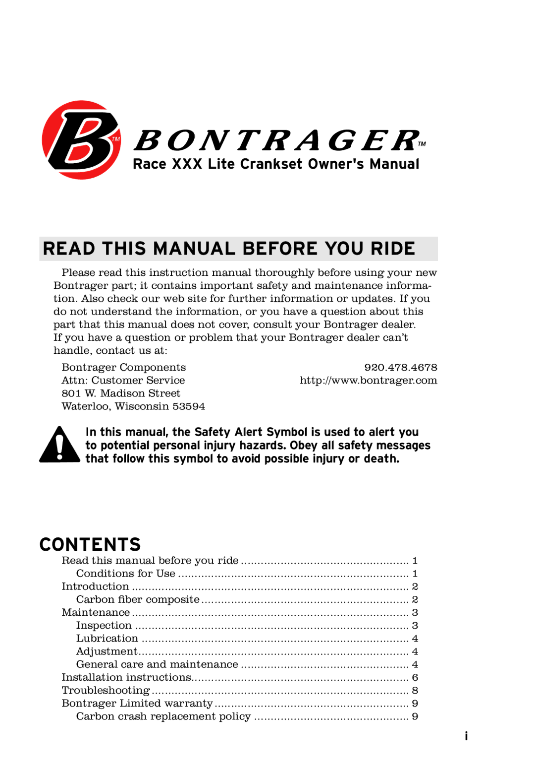 Bontrager 283415 Read this manual before you ride, Contents 