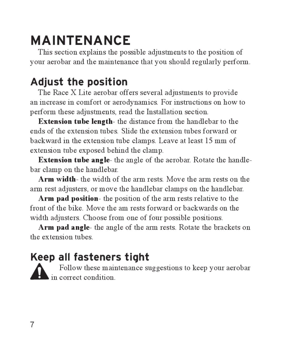 Bontrager Race X Lite manual Maintenance, Adjust the position 