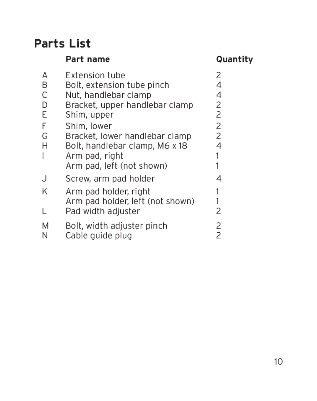 Bontrager Race X Lite manual Parts List, Part name Quantity 