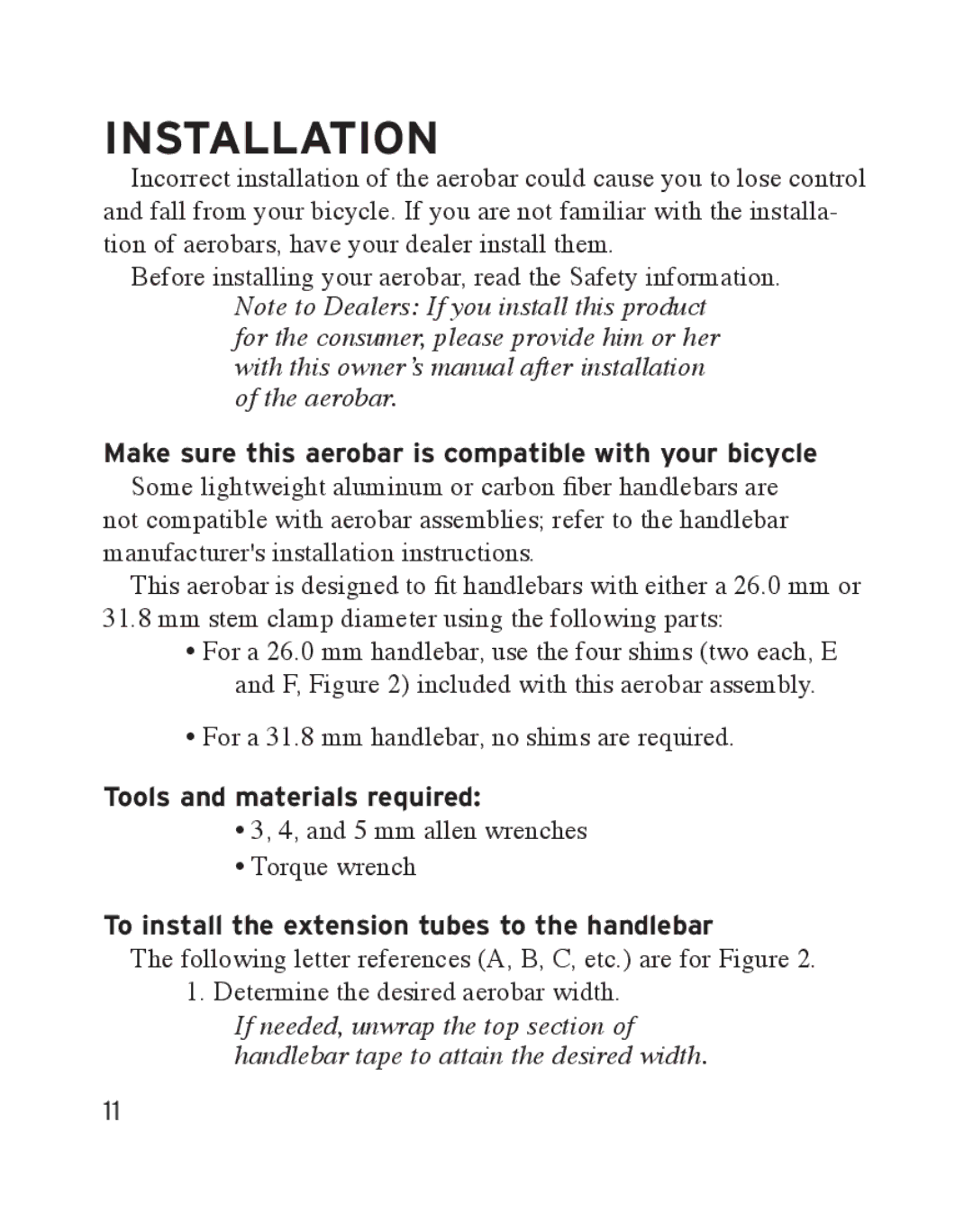 Bontrager Race X Lite manual Installation, Tools and materials required, To install the extension tubes to the handlebar 