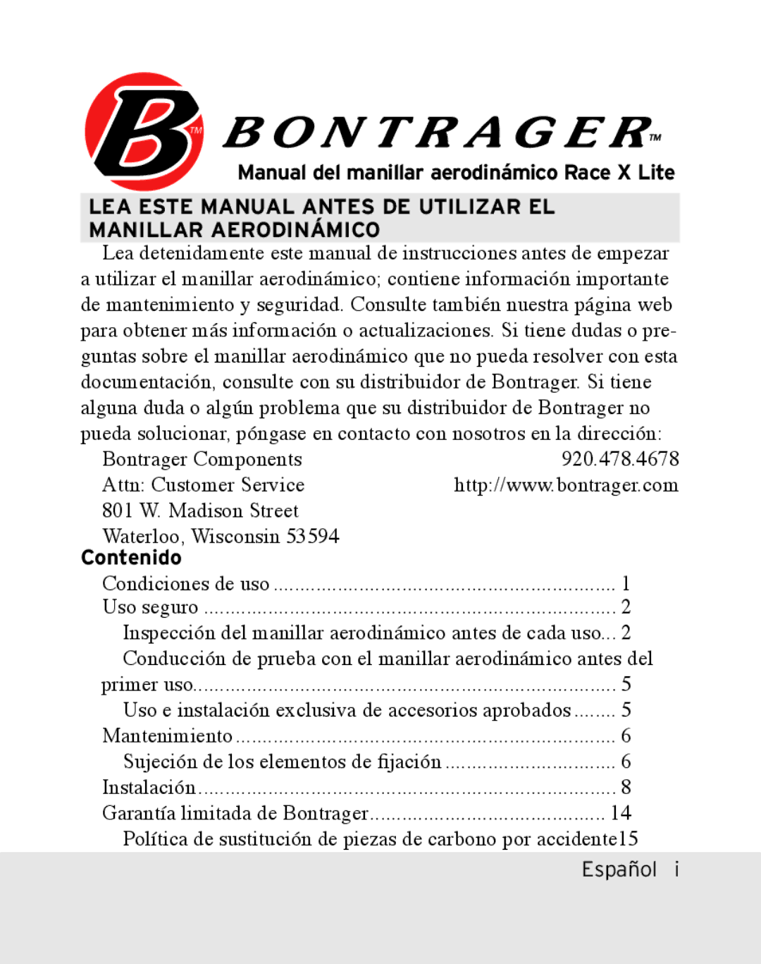 Bontrager Race X Lite manual LEA Este Manual Antes DE Utilizar EL Manillar Aerodinámico, Contenido 