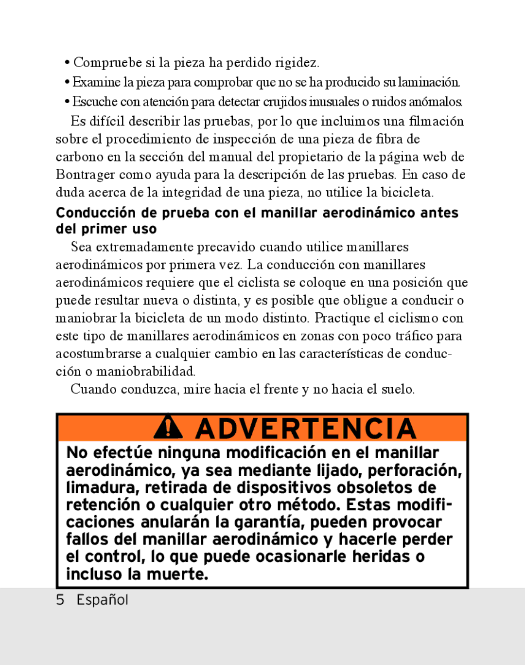 Bontrager Race X Lite manual Advertencia 