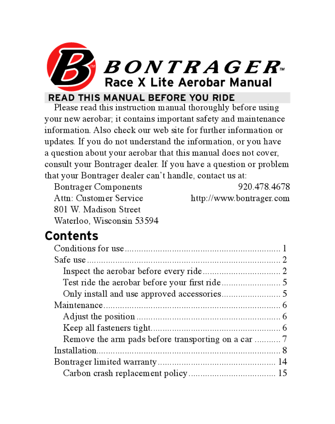 Bontrager Race X Lite manual Contents 