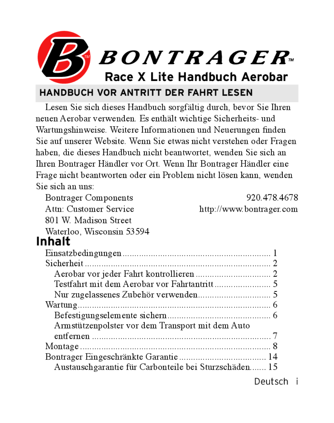 Bontrager manual Race X Lite Handbuch Aerobar 