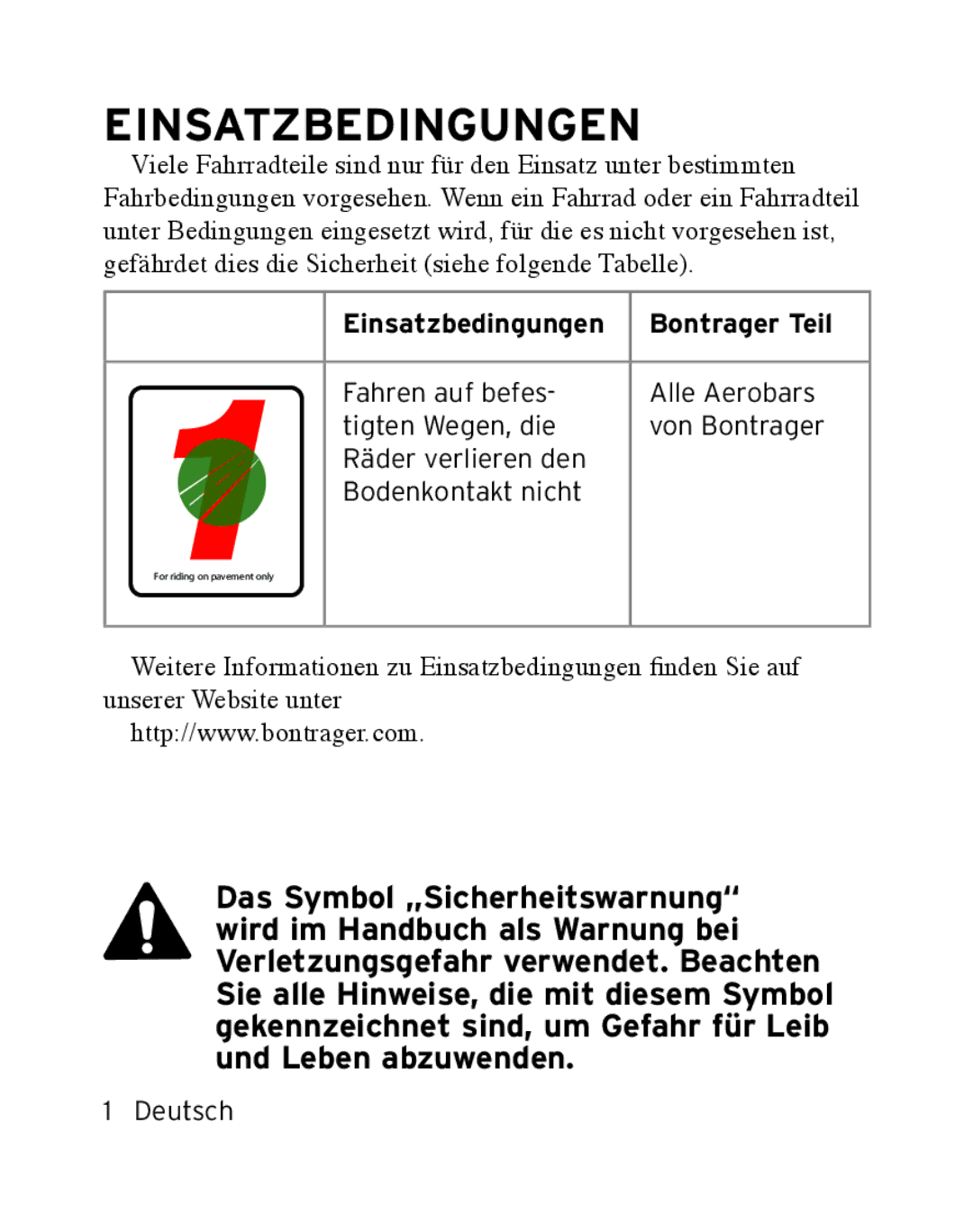 Bontrager Race X Lite manual Einsatzbedingungen Bontrager Teil 