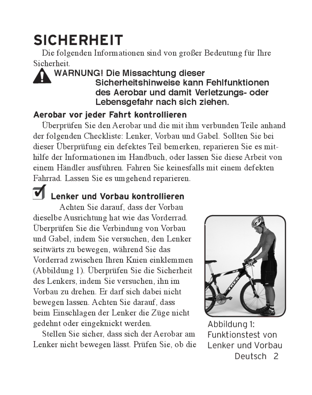 Bontrager Race X Lite manual Sicherheit, Abbildung 1 Funktionstest von Lenker und Vorbau Deutsch  