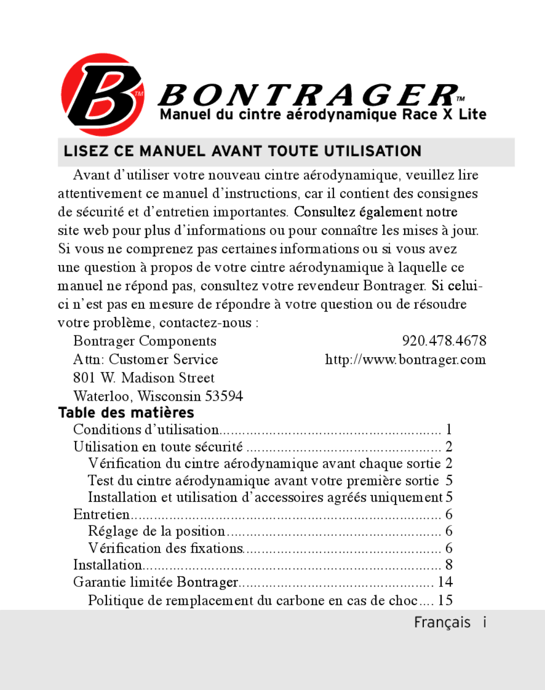 Bontrager manual Manuel du cintre aérodynamique Race X Lite, Table des matières 