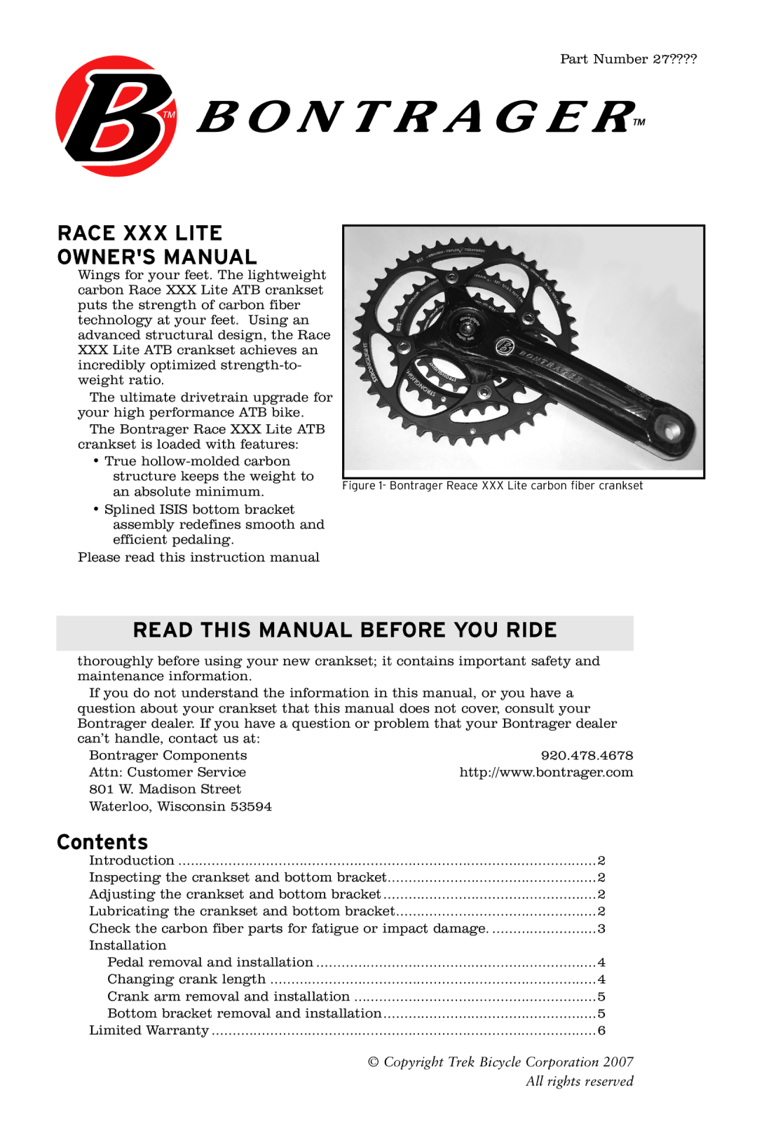 Bontrager Race XXX Lite instruction manual Read this manual before you ride, Contents 