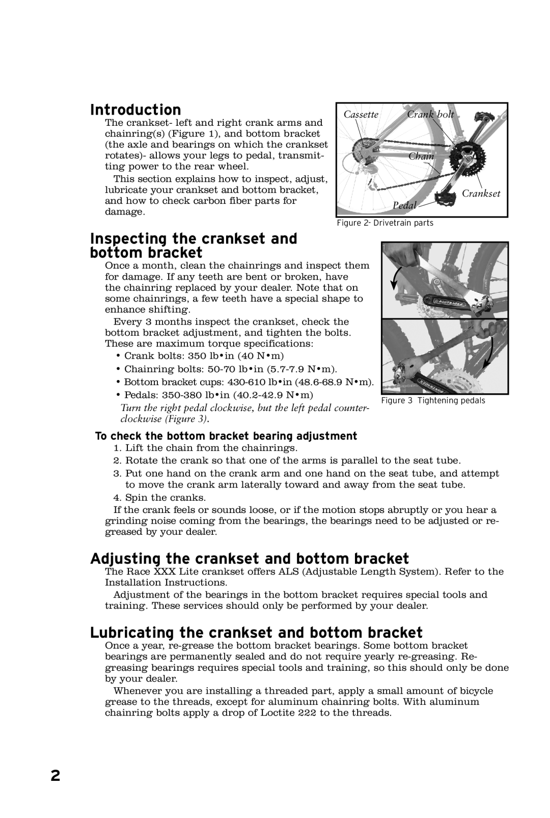 Bontrager Race XXX Lite instruction manual Introduction, Inspecting the crankset and bottom bracket 