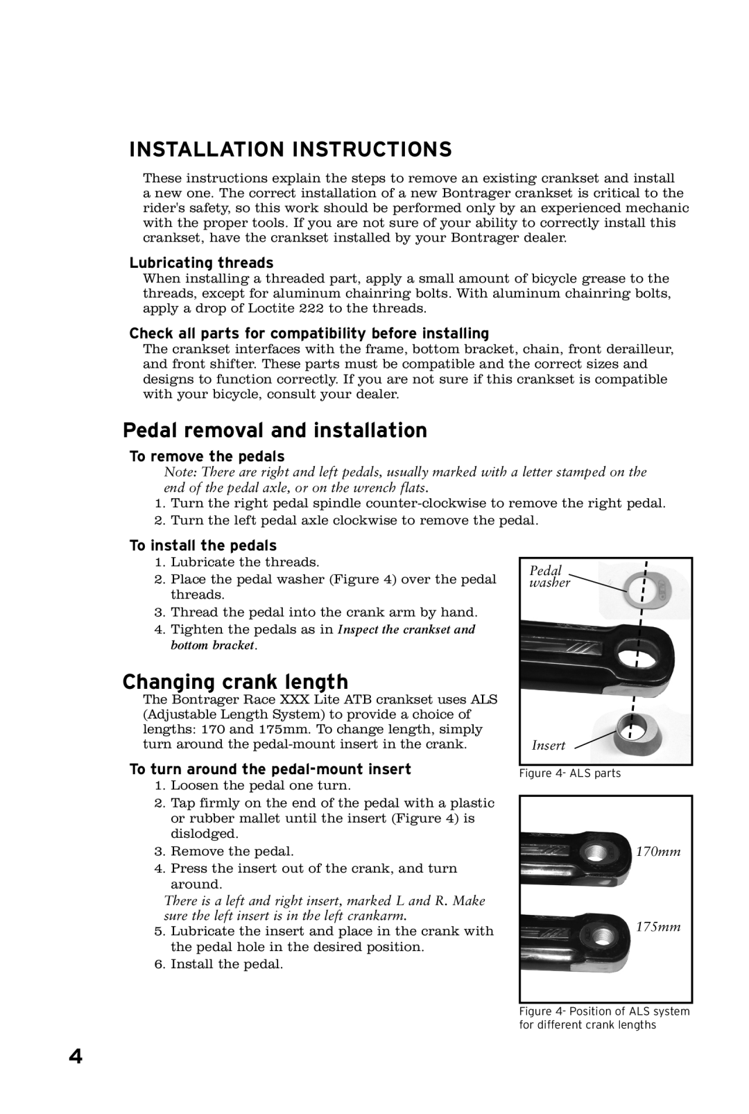 Bontrager Race XXX Lite instruction manual Installation instructions, Pedal removal and installation, Changing crank length 