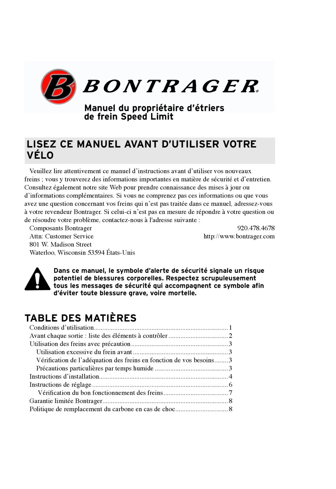 Bontrager Speed LimitTM Lisez ce manuel avant d’utiliser votre vÉlo, Manuel du propriétaire d’étriers de frein Speed Limit 