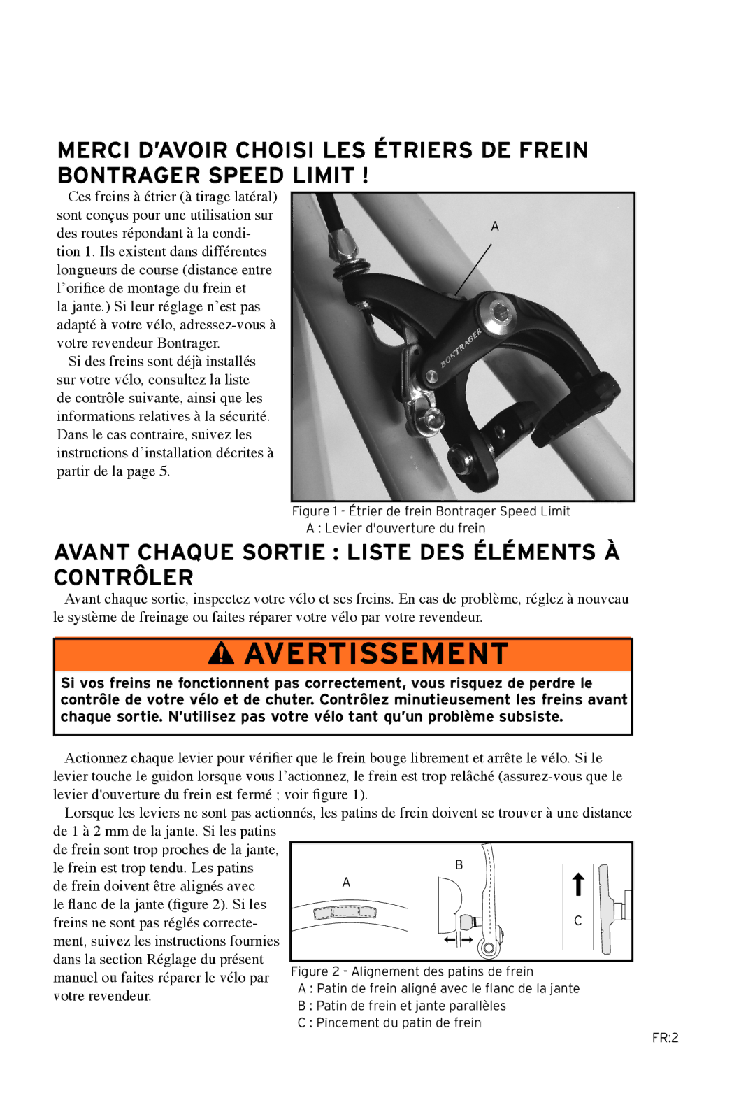 Bontrager Speed LimitTM manual Avertissement, Avant chaque sortie liste des ÉlÉments À contrÔler 