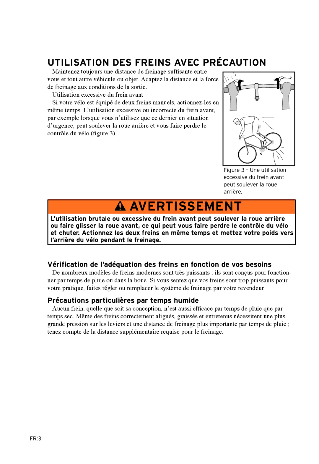 Bontrager Speed LimitTM manual Utilisation des freins avec prÉcaution, Précautions particulières par temps humide 