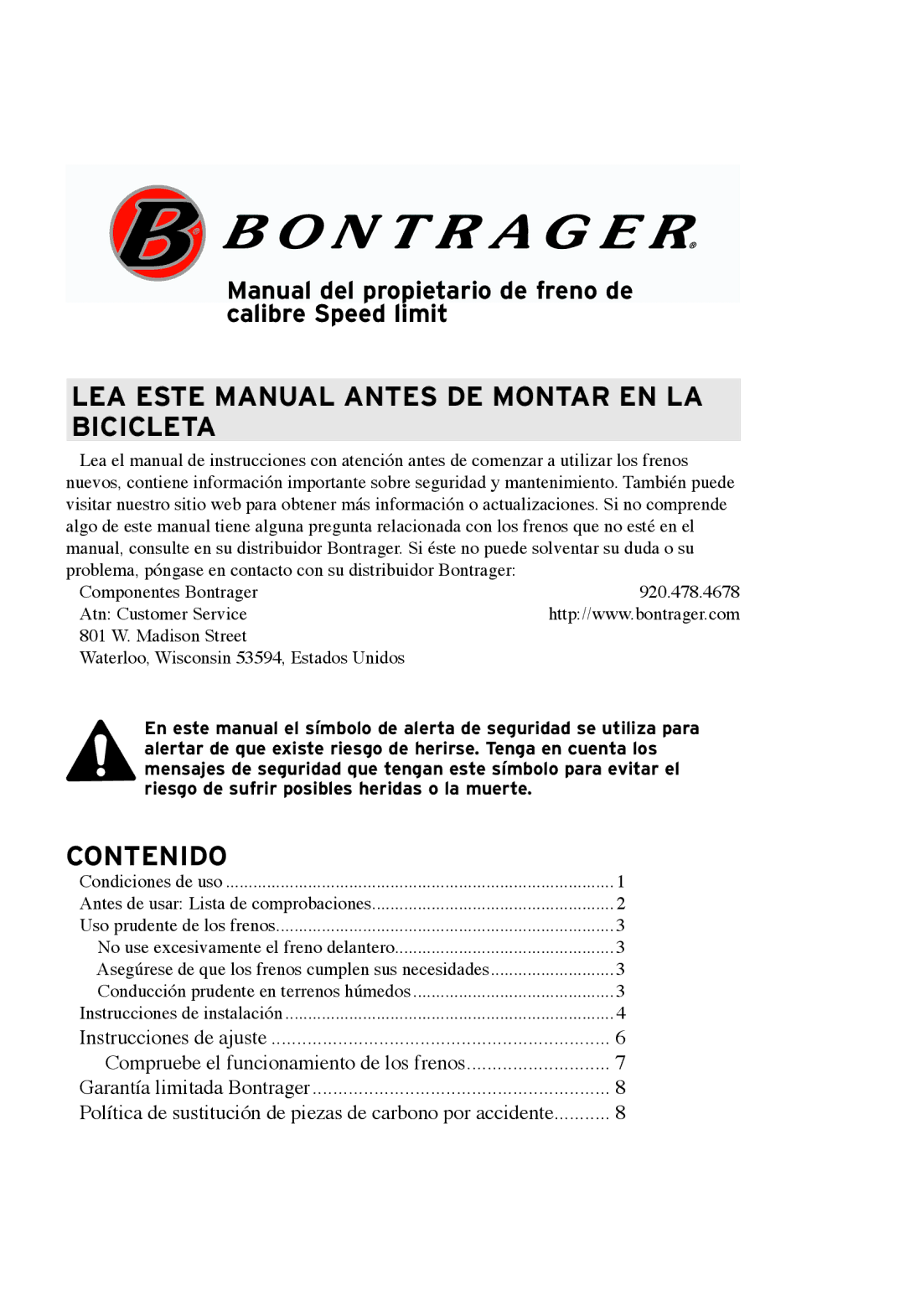 Bontrager Speed LimitTM manual LEA Este Manual Antes DE Montar EN LA Bicicleta 