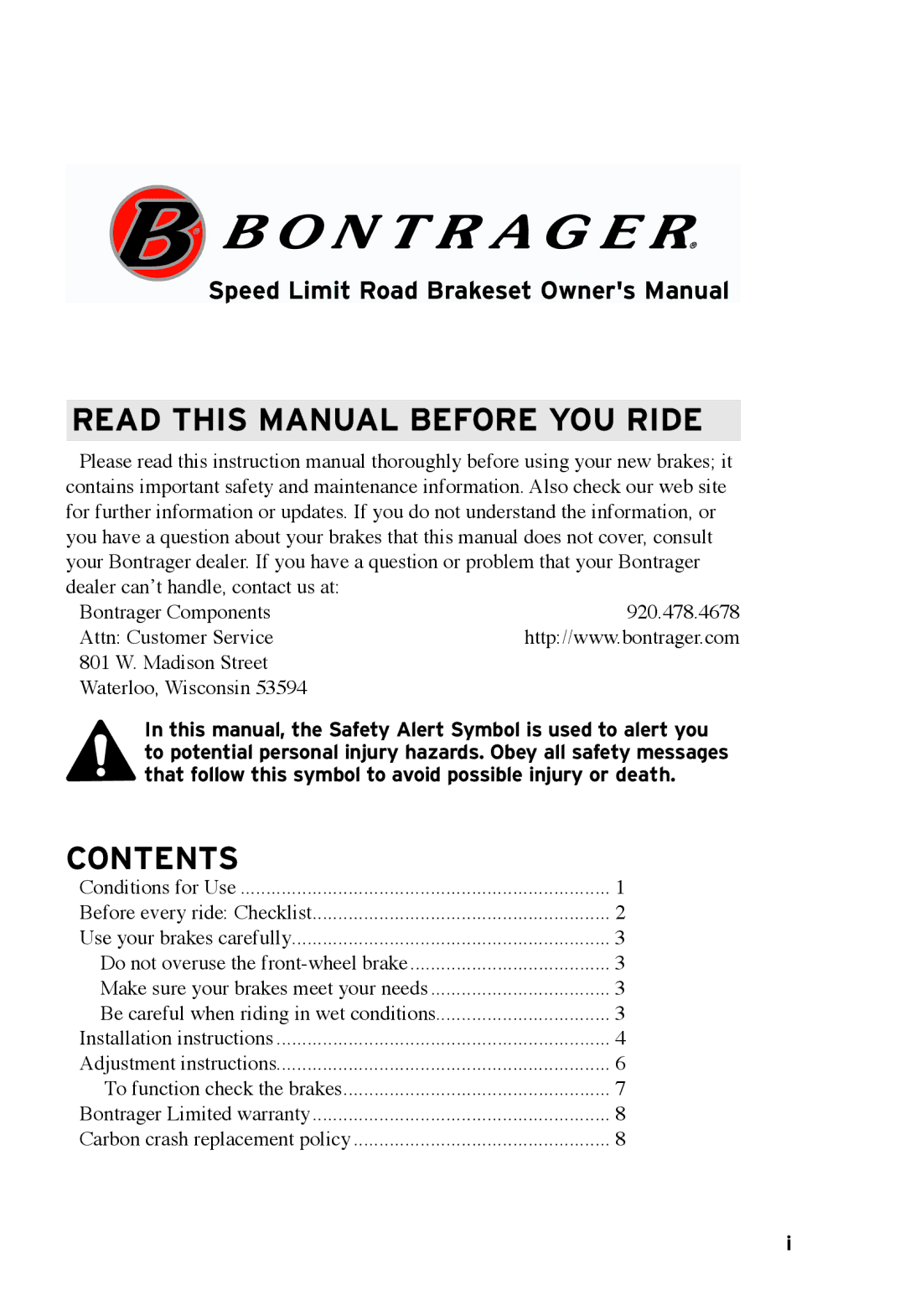 Bontrager Speed LimitTM Read this manual before you ride, Contents 