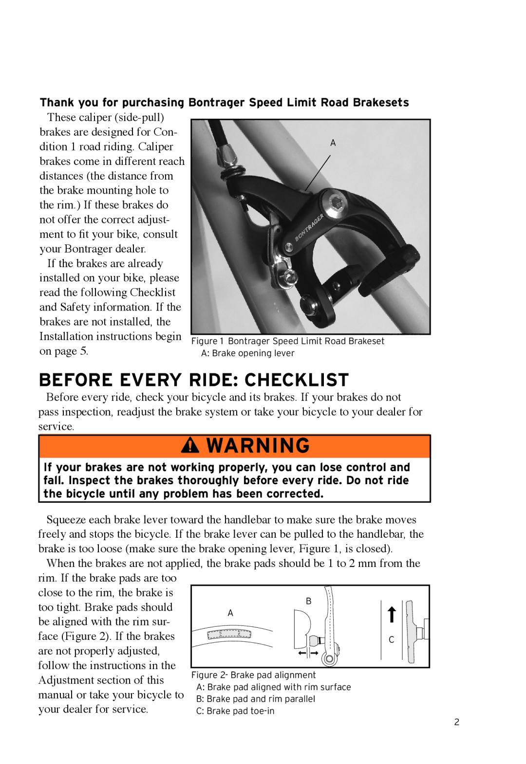 Bontrager Speed LimitTM manual Before every ride Checklist, Manual or take your bicycle to, Your dealer for service 