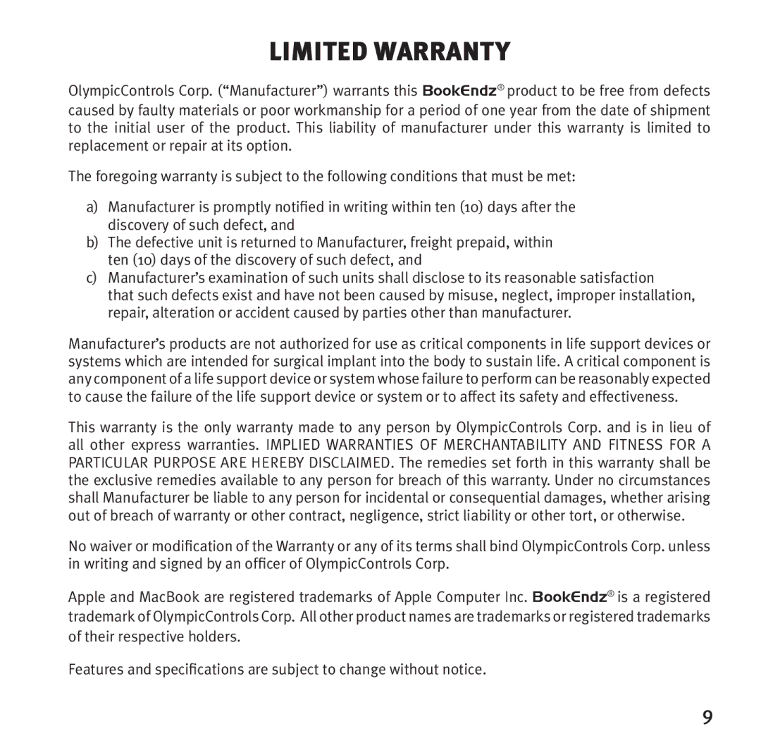 Bookendz BE-10333 manual Limited Warranty 