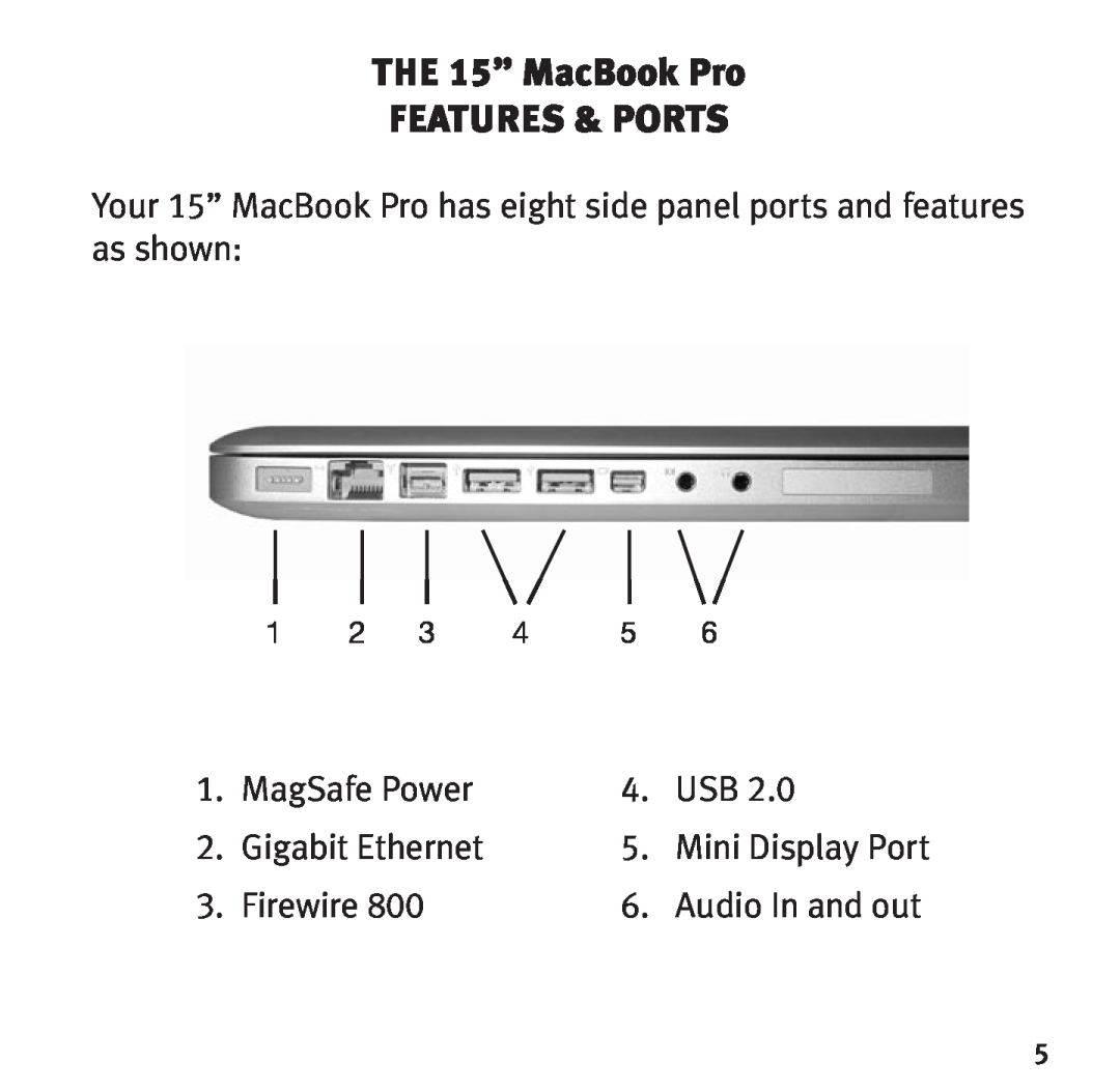Bookendz BE-10333 manual the 15” MacBook Pro features & Ports, MagSafe Power, Gigabit Ethernet, Firewire, Audio In and out 