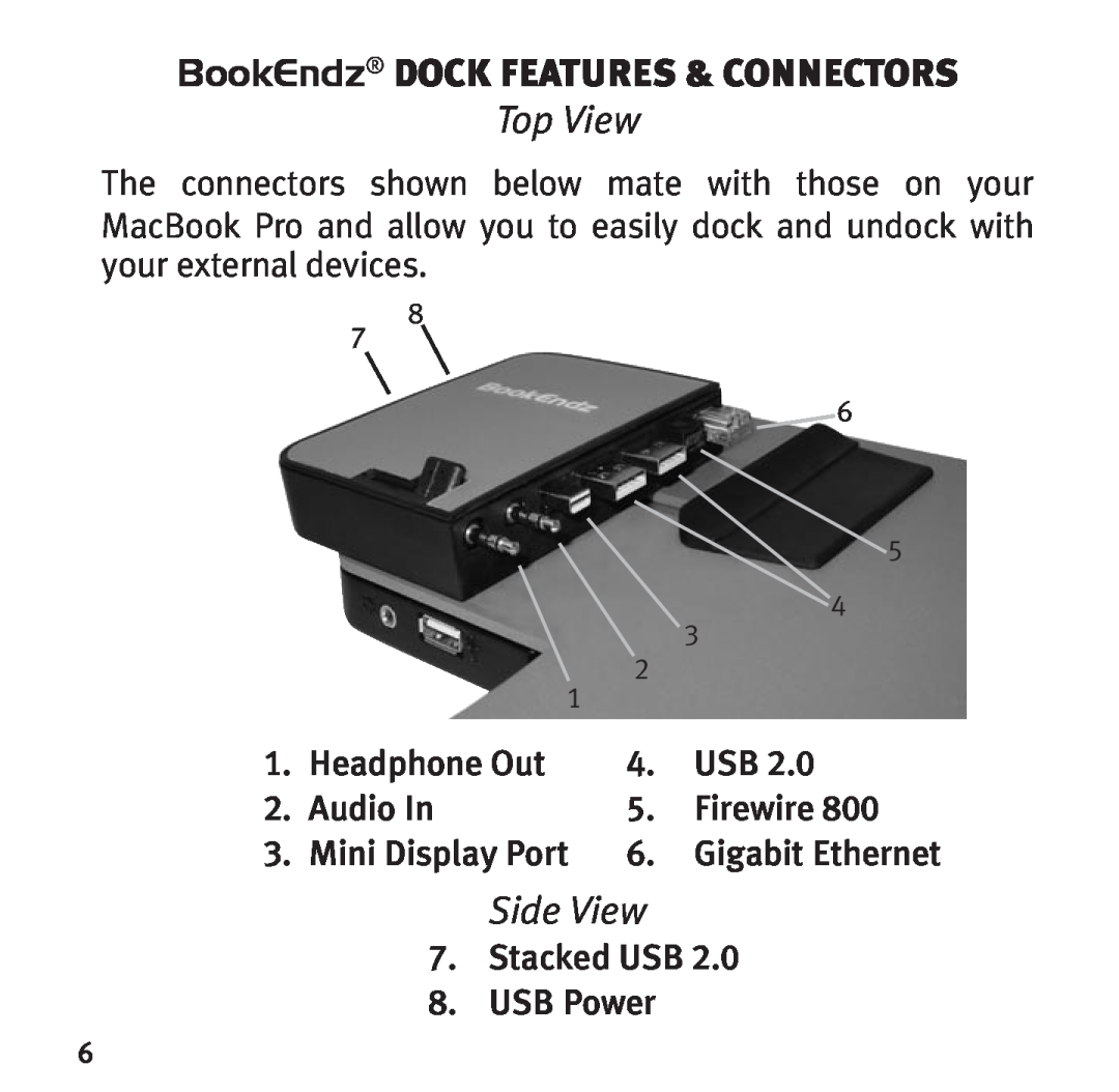Bookendz BE-10333 manual BookEndz dock Features & Connectors, Top View, Side View, Headphone Out, Audio In, Firewire 