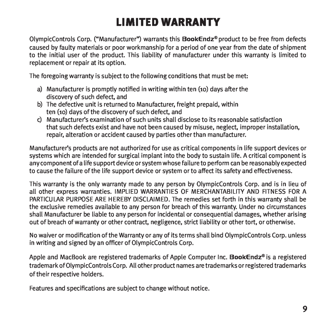 Bookendz BE-10333 manual Limited Warranty 