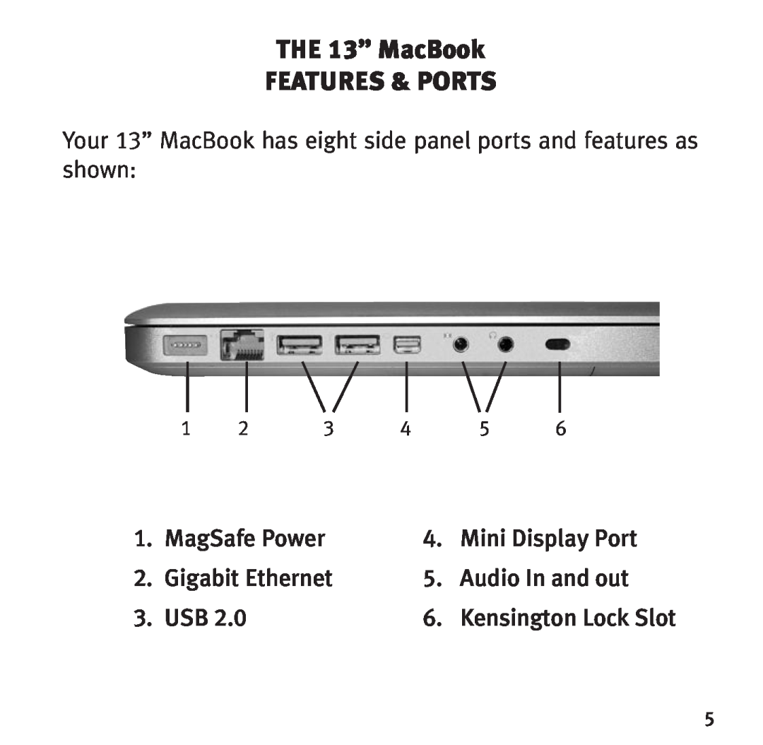 Bookendz BE-10332 the 13” MacBook features & Ports, Your 13” MacBook has eight side panel ports and features as shown 