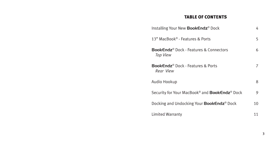 Bookendz BE-10281, BE-MB13W owner manual Table of contents 