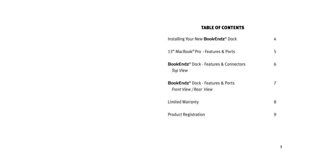 Bookendz BE-MBP13SDP Table Of Contents, Installing Your New BookEndz Dock, 13” MacBook Pro - Features & Ports, Top View 