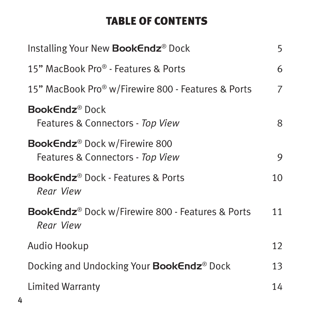 Bookendz BE-10291, BE-MBP15F owner manual Table of contents 